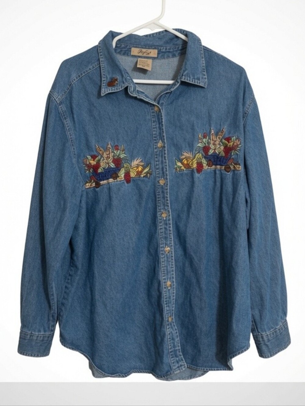 Just My Size Denim VTG Shirt Women's 18W Embroidered Fall Cottage Grandmacore
